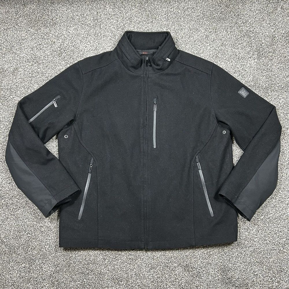 Tumi T Tech Softfshell Jacket Mens XL Black Lined Poly Fill Stowaway Hood Coat